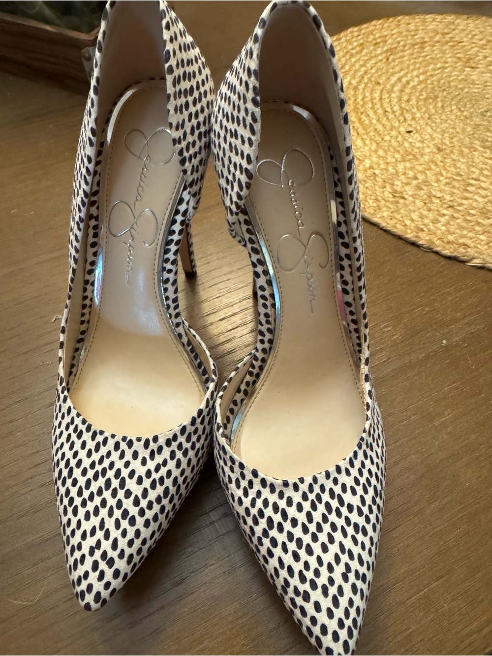 Jessica Simpson Black and White Spotted D'Orsay Pointed-Toe Heels